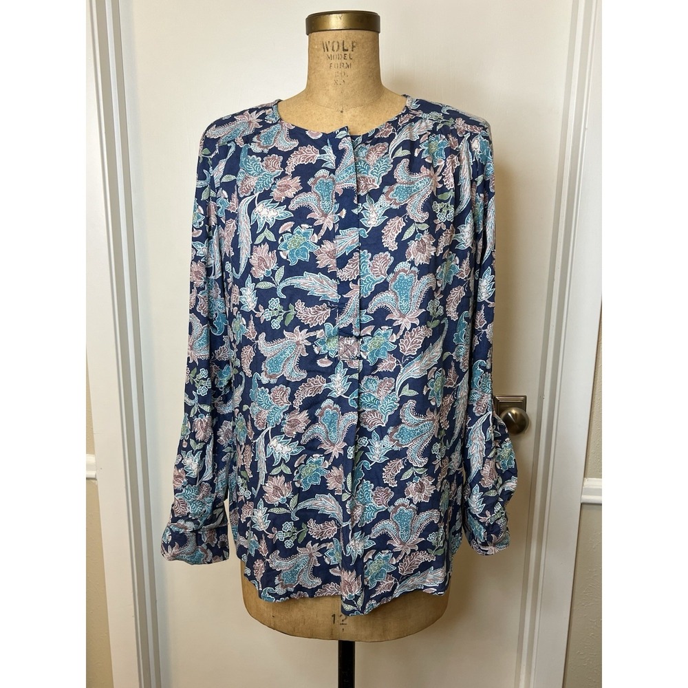 NWT Nine West Women's Large Floral Print Blue Long Sleeve Modal Blouse Shirt